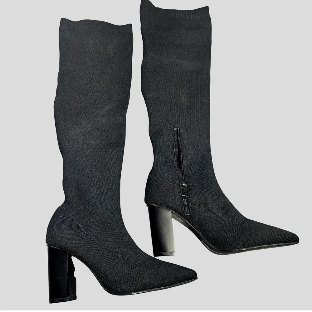 CUCCOO Black Knit Over The Knee‎ Sock Boots Pointed Toe Block Heel Womens Size 9